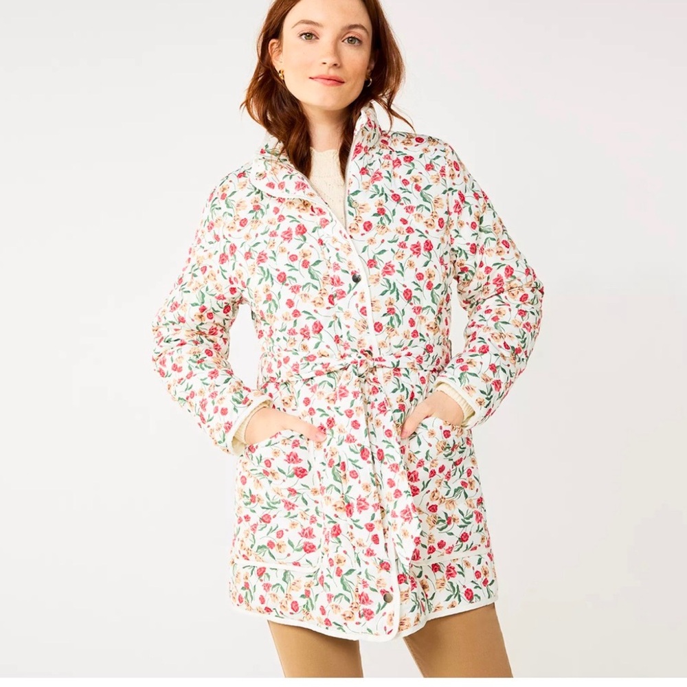 Draper James Floral Quilted Belted Coat in White with Pink & Green